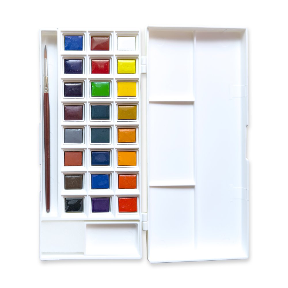 Elements Watercolour 24 Half Pan Set open, showing 24 colour half pans with brush and sponge