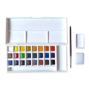 Elements Watercolour 24 Half Pan Set open upright, showing the half pans and fold-out mixing palette