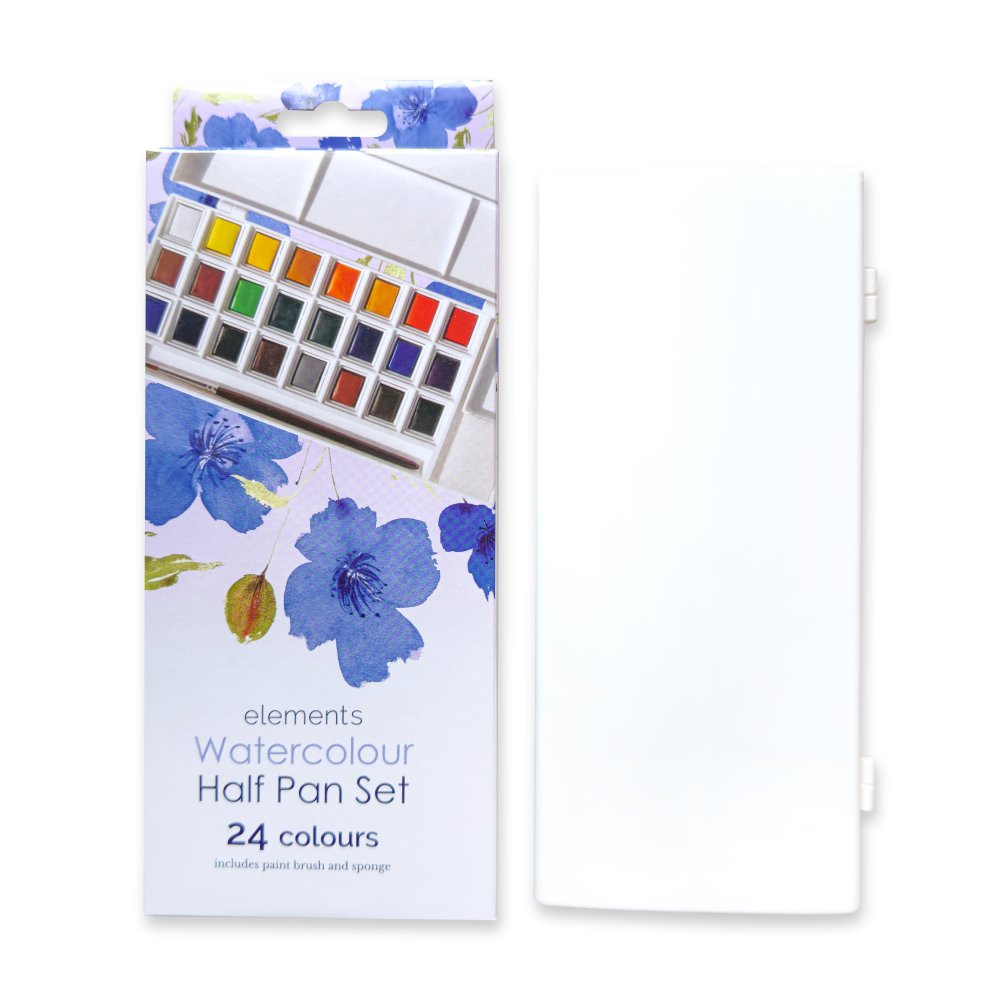 Elements Watercolour 24 Half Pan Set front of pack, 24 colours including paint brush and sponge