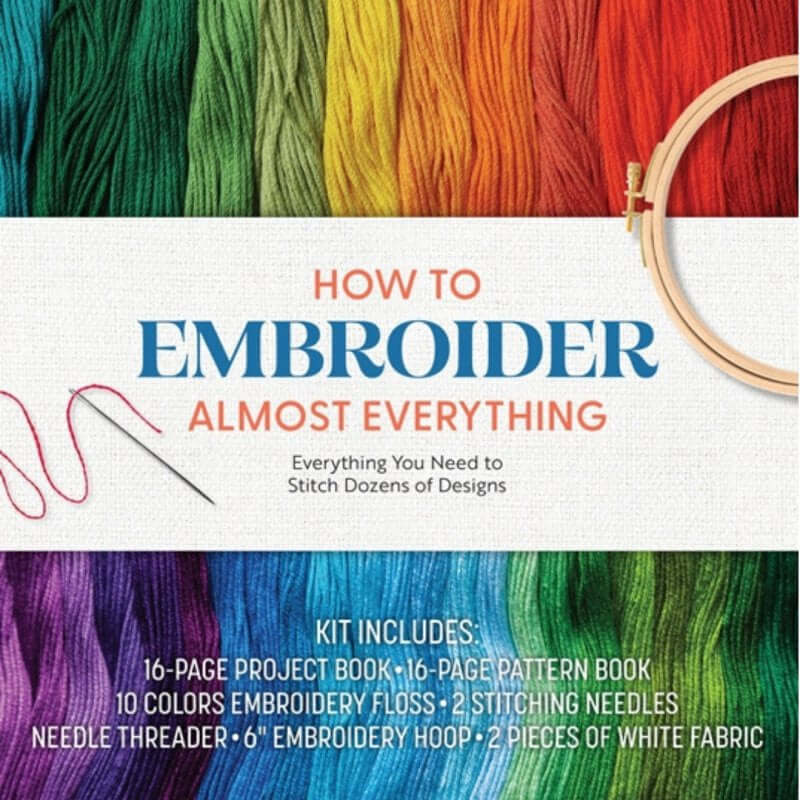 Embroider Almost Everything Kit with colorful threads and embroidery hoop