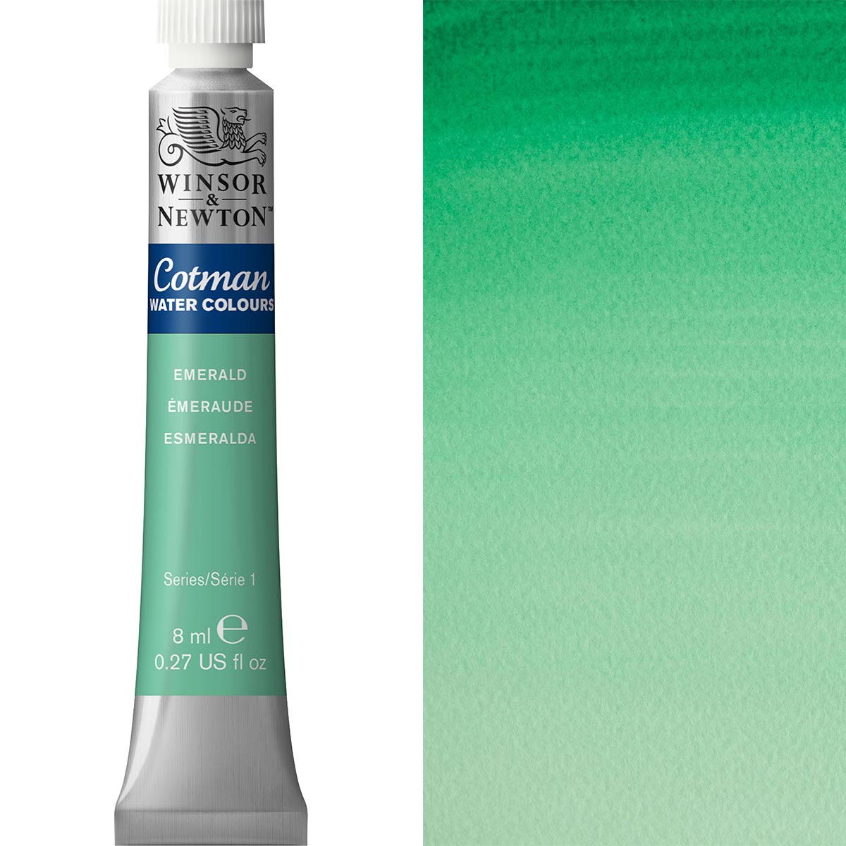 Winsor & Newton Cotman Watercolour 8ml tube in Emerald color showcasing transparency and vibrancy.
