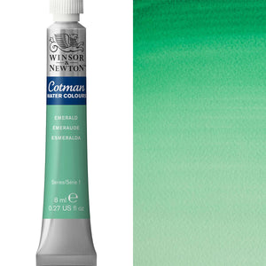 Winsor & Newton Cotman Watercolour 8ml tube in Emerald color showcasing transparency and vibrancy.