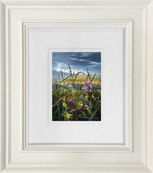 Miniature artwork 'Endless Love III' by Kimberley Harris, original oil painting featuring a vibrant landscape with flowers, 21x15 cm.