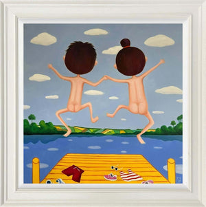 Enjoy Yourself, It's Later Than you Think by Michael Abrams - whimsical art of two children jumping from a dock into a lake.