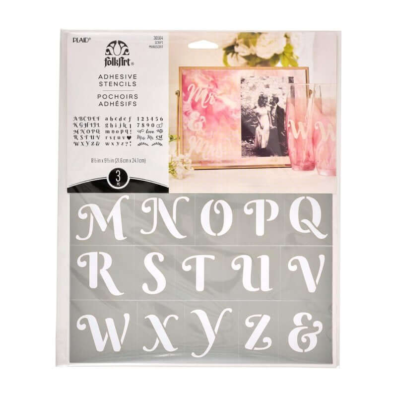 FolkArt Script Alphabet Stencil Set – Reusable Adhesive Letter Stencils for Crafting