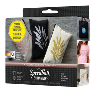 Speedball shimmer fabric inks set of 4 colors, 118ml bottles for screen printing on fabric.