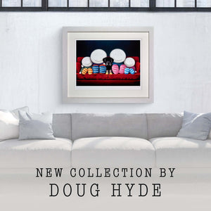 Doug Hyde's artwork 'Family Time' displayed above a modern couch, showcasing his contemplative new collection.