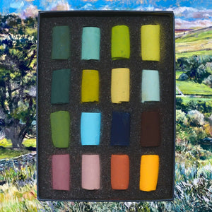 Fresh Spring Greens 16 Half Stick Soft Pastel Set in box with vibrant colors suitable for landscapes, portraits, and abstract art.