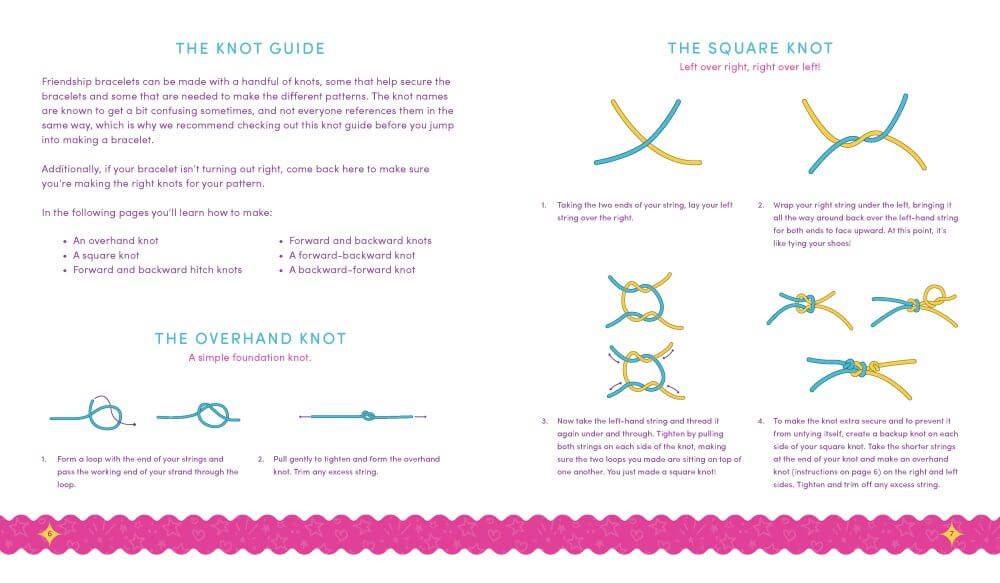 Instruction page of Friendship Bracelet Kit – Beads, Cord & Project Book Included, featuring knotting guides and techniques