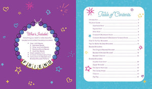 Friendship Bracelet Kit – Beads, Cord & Project Book Included with contents and table of contents displayed on colorful background.