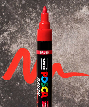 POSCA Brush PC-5BR in red, versatile semi-flexible paint pen for detailed or bold strokes, ideal for multi-surface art projects.