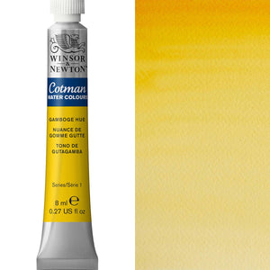 Winsor & Newton Cotman Watercolour paint tube Gamboge Hue 8ml beside paint swatch in transparent yellow.