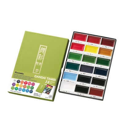 Kuretake Gansai Tambi Watercolour Set - 18 Colours in box with vibrant paint pans visible.