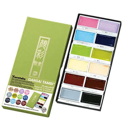 Kuretake Gansai Tambi Watercolour Set - 12 New Colours in a palette featuring vibrant new shades.