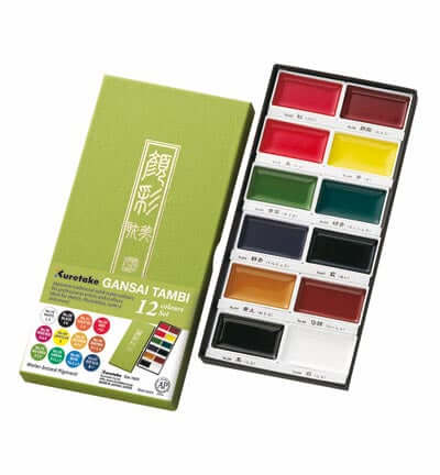 Kuretake Gansai Tambi Watercolour Set - 12 Original Colours displayed in an elegant box with vibrant hues.