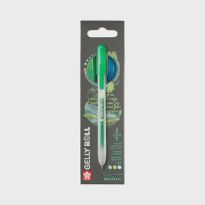 Gelly Roll Metallic Gel Pen in green packaging, ideal for vibrant writing on light and dark paper.