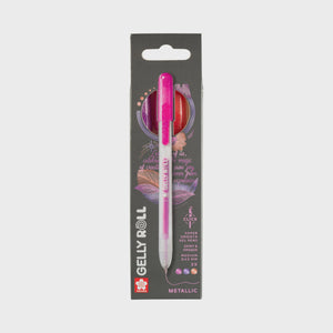 Gelly Roll Metallic Gel Pen Pack featuring retractable pink, red, and purple pens for vibrant, shimmering notes and art projects.