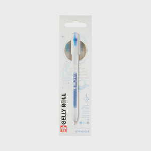 Packaging of Gelly Roll Stardust Glitter Gel Pen in blue with glittering ink for sparkling writing and drawing.