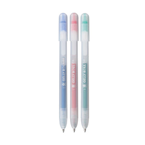 Gelly Roll Stardust Glitter Gel Pens 3-Pack, featuring red, blue, and green pens with retractable design and glittering gel ink.
