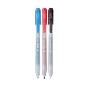 Gelly Roll Metallic Gel Pens Set of 3 in red, blue, and black, featuring shiny opaque ink for vibrant writing on any paper.