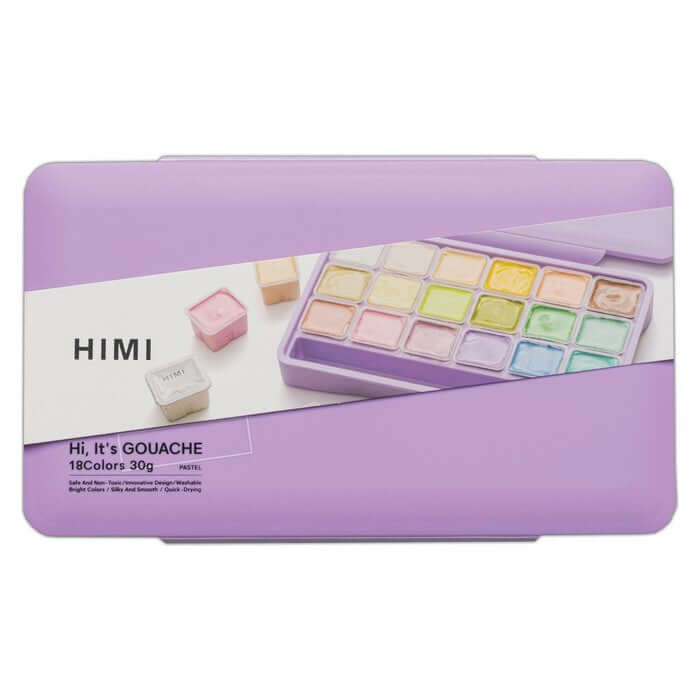 HIMI Jelly Cup Gouache Set - 18 Colours + 3 Brushes (Purple Case - Pastel Edition)