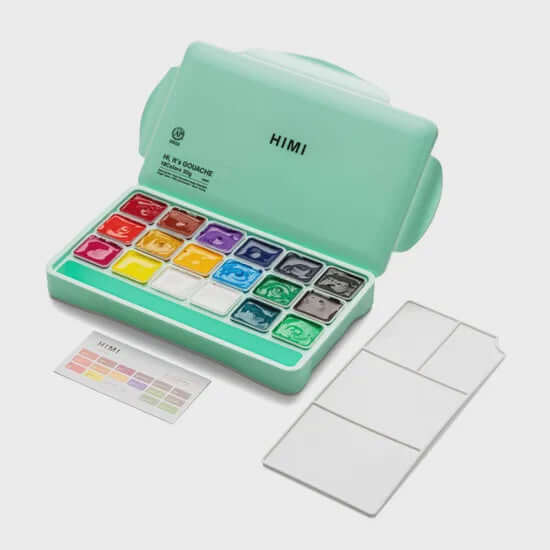 HIMI Jelly Cup Gouache Set - 18 Colours (Green Case) showing a compact palette with open lid and vibrant, resealable jelly cups.