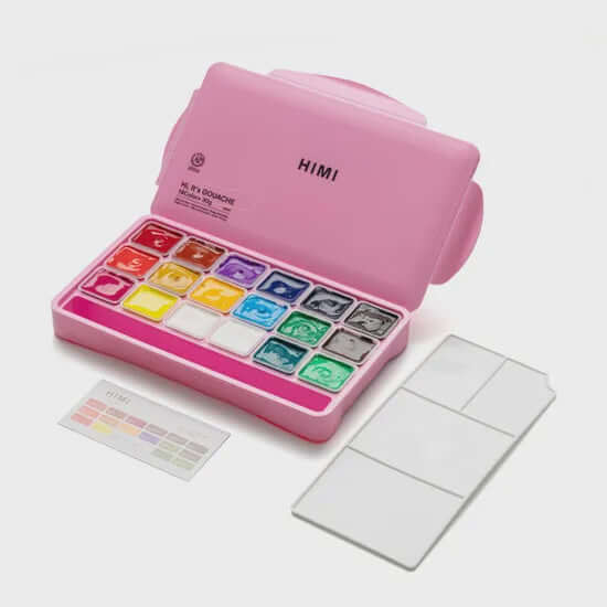 HIMI Jelly Cup Gouache Set - 18 Colours (Pink Case) with open lid showcasing vibrant color palette.