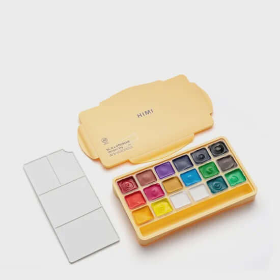 HIMI Jelly Cup Gouache Set - 18 Colours (Yellow Case) open with vibrant colors displayed