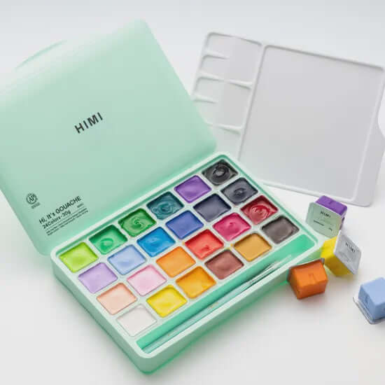 HIMI Jelly Cup Gouache Set - 24 Colours (Green Case) with vibrant paints on display