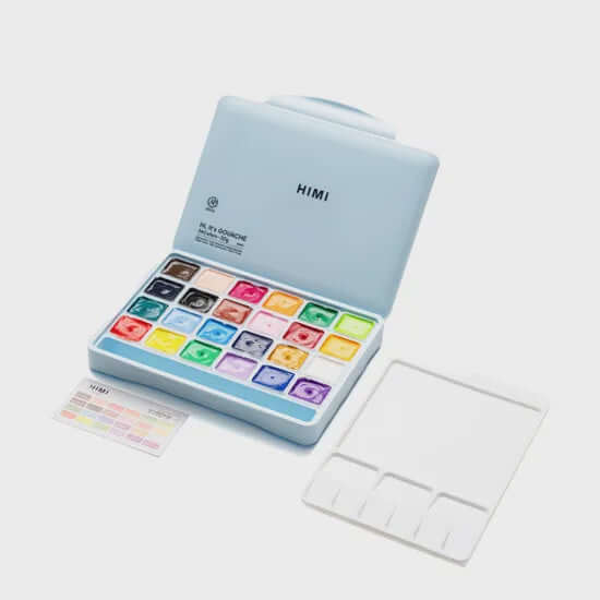 HIMI Jelly Cup Gouache Set - 24 Colours (Ice Blue Case), showcasing resealable cups, perfect for art projects and quick studies.