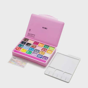 HIMI Jelly Cup Gouache Set - 24 Colours (Pink Case) open showing color palette and palette tray