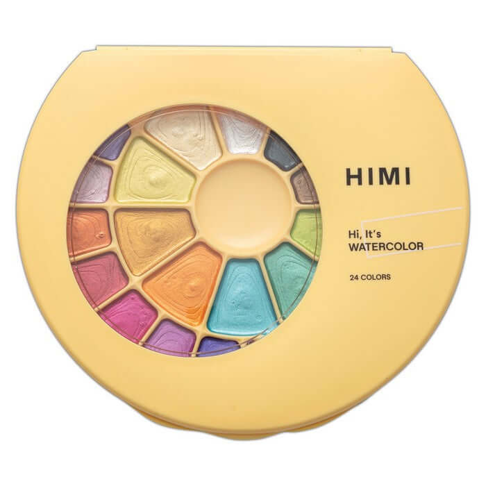 HIMI Semi-Moist Watercolour Set - 24 Colours + Brush (Yellow Case, Metallic Edition) with pearlescent and metallic finishes