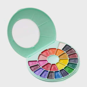 HIMI SemiMoist Watercolour Set - 24 Colours + Brush (Green Case) showing vibrant colors in a compact round case.
