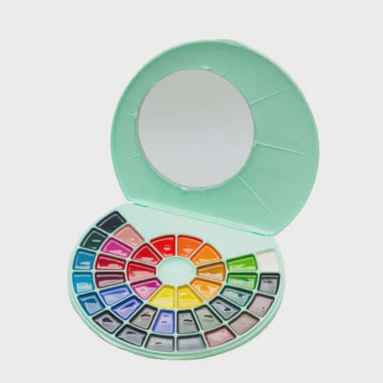 HIMI SemiMoist Watercolour Set - 38 Colours + Brush (Green Case) open showcasing vibrant colors in a compact round green case.