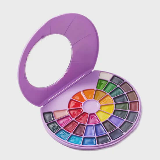 HIMI SemiMoist Watercolour Set - 38 Colours + Brush (Purple Case) featuring colorful palette in an open circular purple case.