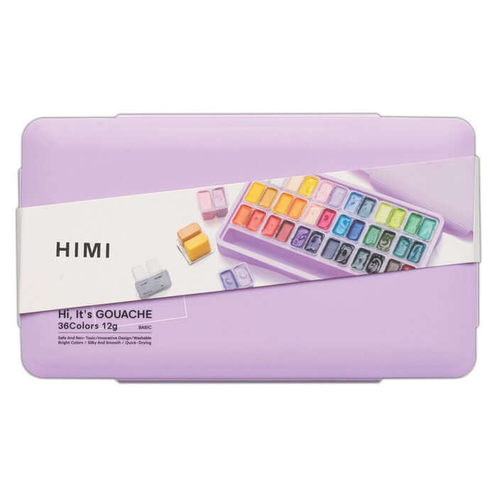 HIMI Twin Cup Gouache Set - 36 Colours + 3 Brushes (Purple Case) with compact design and vibrant color display.