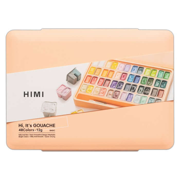 HIMI Twin Cup Gouache Set - 48 Colours + 3 Brushes (Peach Fuzz Case) shown in packaging with color variety visible.