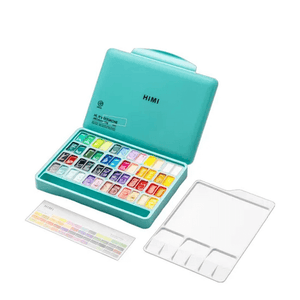 HIMI Twin Cup Gouache Set - 48 Colours (Green Case) with open palette showing vibrant shades and blending tools.