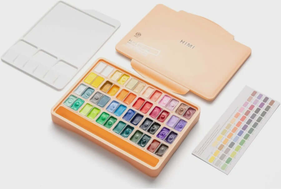 HIMI Twin Cup Gouache Set - 48 Colours (Peach Fuzz Case) featuring twin-cup layout for versatile painting.