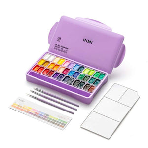 HIMI Twin Cup Gouache Set - 36 Colours + 3 Brushes (Purple Case) with compact design and included brushes for painting.
