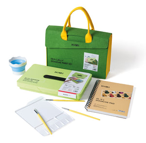 HIMI Twin Cup Gouache Kit - 72 Colours + Brushes (Apple Green Case) included brushes and accessories.