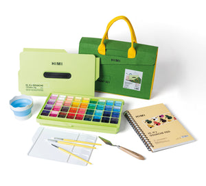 HIMI Twin Cup Gouache Kit - 72 Colours + Brushes (Apple Green Case) shown in use.