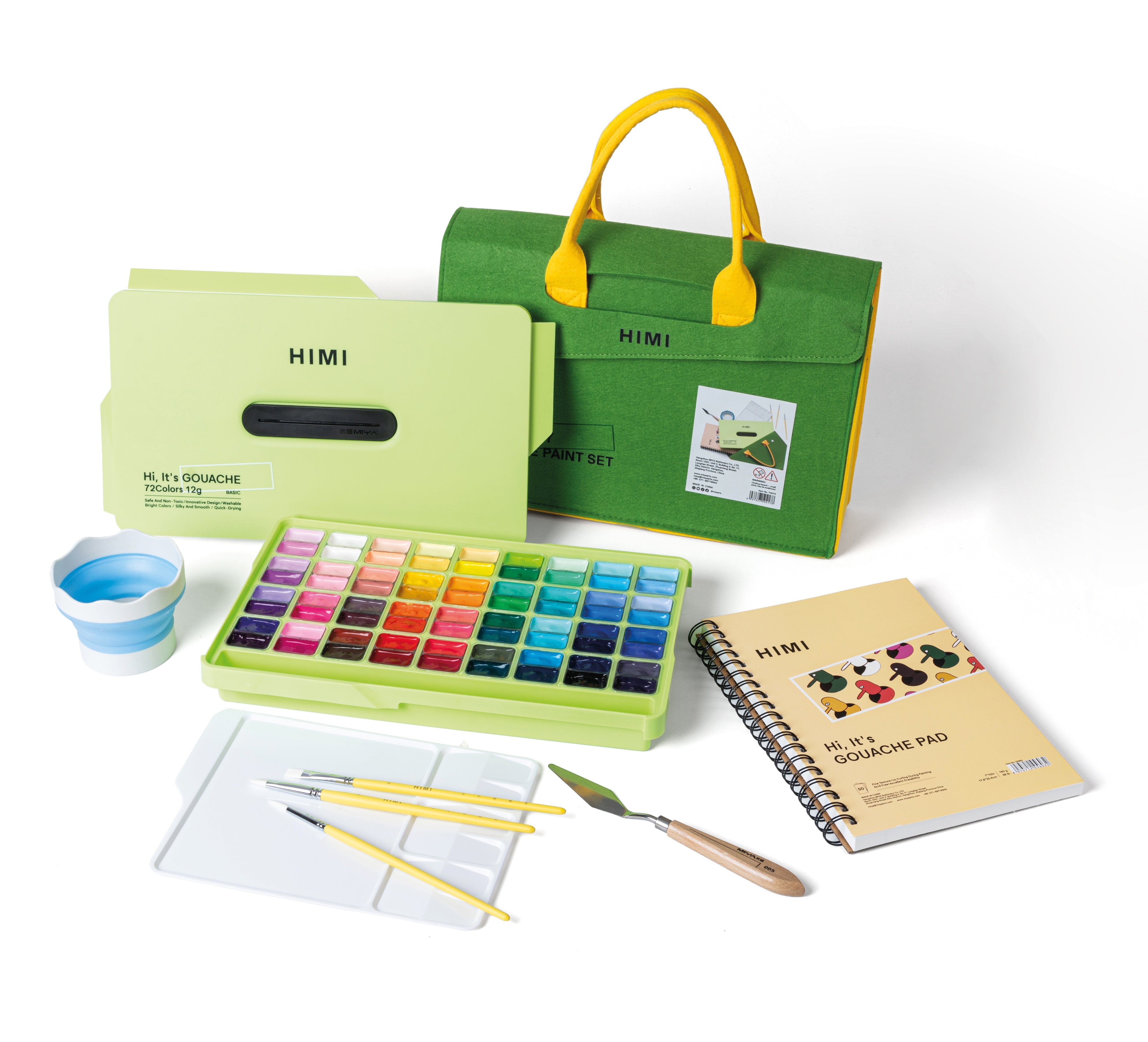 HIMI Twin Cup Gouache Kit - 72 Colours + Brushes (Apple Green Case) shown in use.