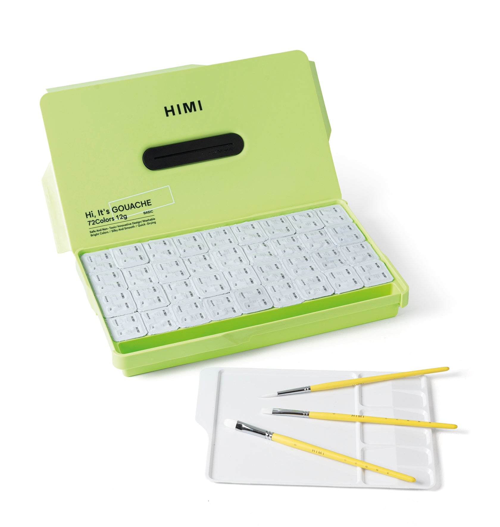 HIMI Twin Cup Gouache Kit - 72 Colours + Brushes (Apple Green Case) alternate view of the kit.