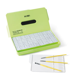 HIMI Twin Cup Gouache Kit - 72 Colours + Brushes (Apple Green Case) alternate view of the kit.