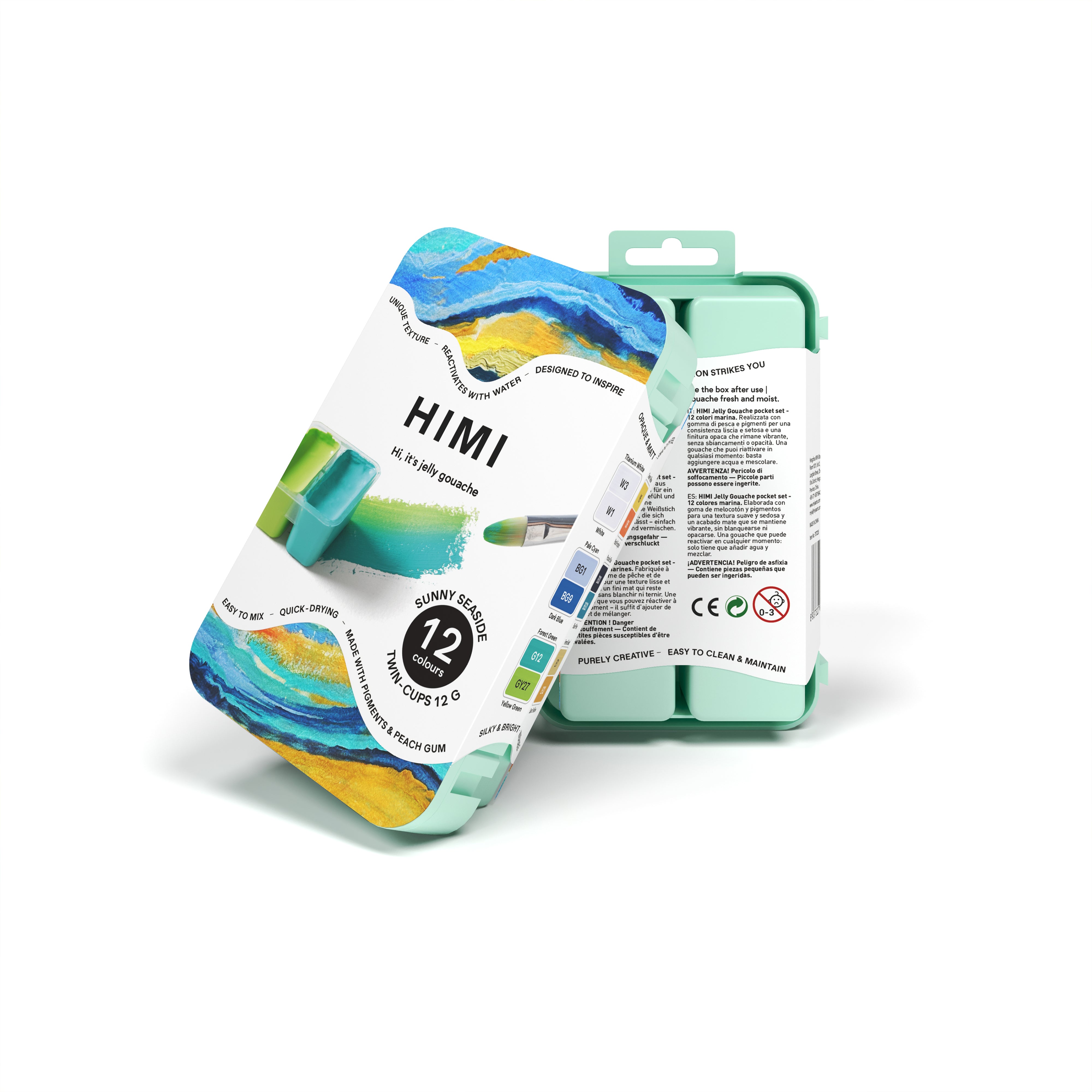 HIMI Twin Cup Gouache Set - 12 Sunny Seaside Colours (Green Case) closed compact green carry case.