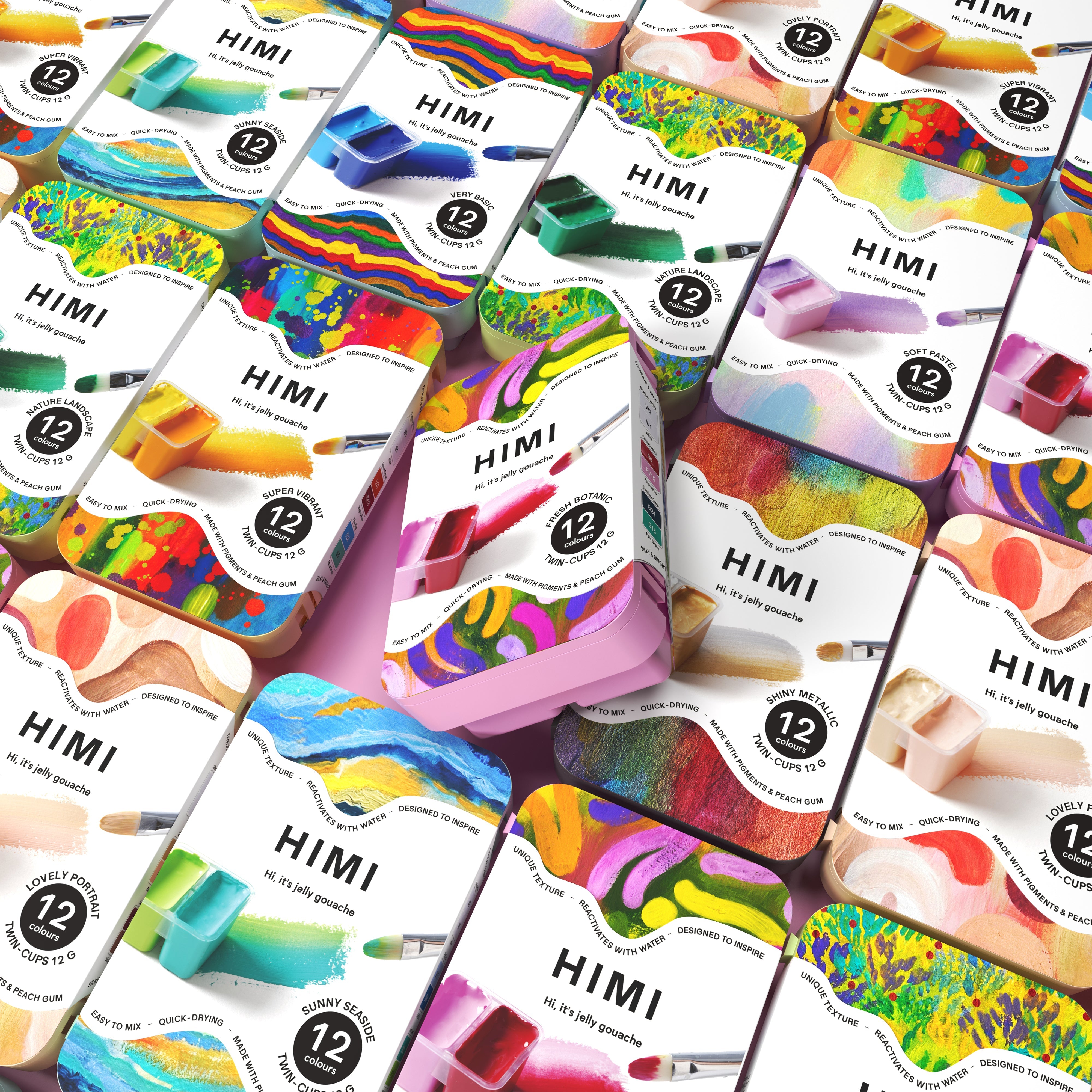 HIMI Twin Cup Gouache Set - 12 Fresh Botanic Colours (Pink Case) shown with the full twin cup collection.