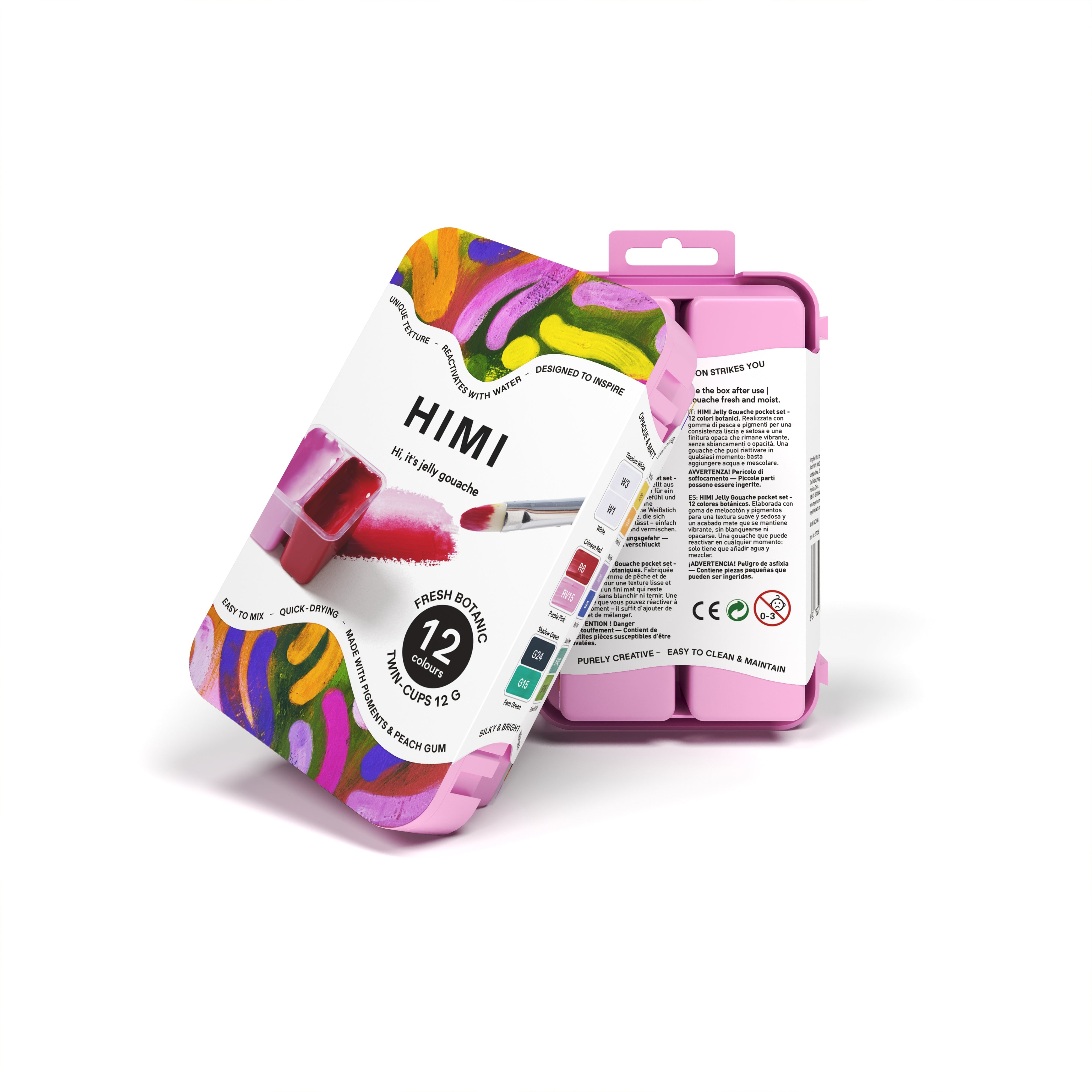 HIMI Twin Cup Gouache Set - 12 Fresh Botanic Colours (Pink Case) closed compact pink carry case.
