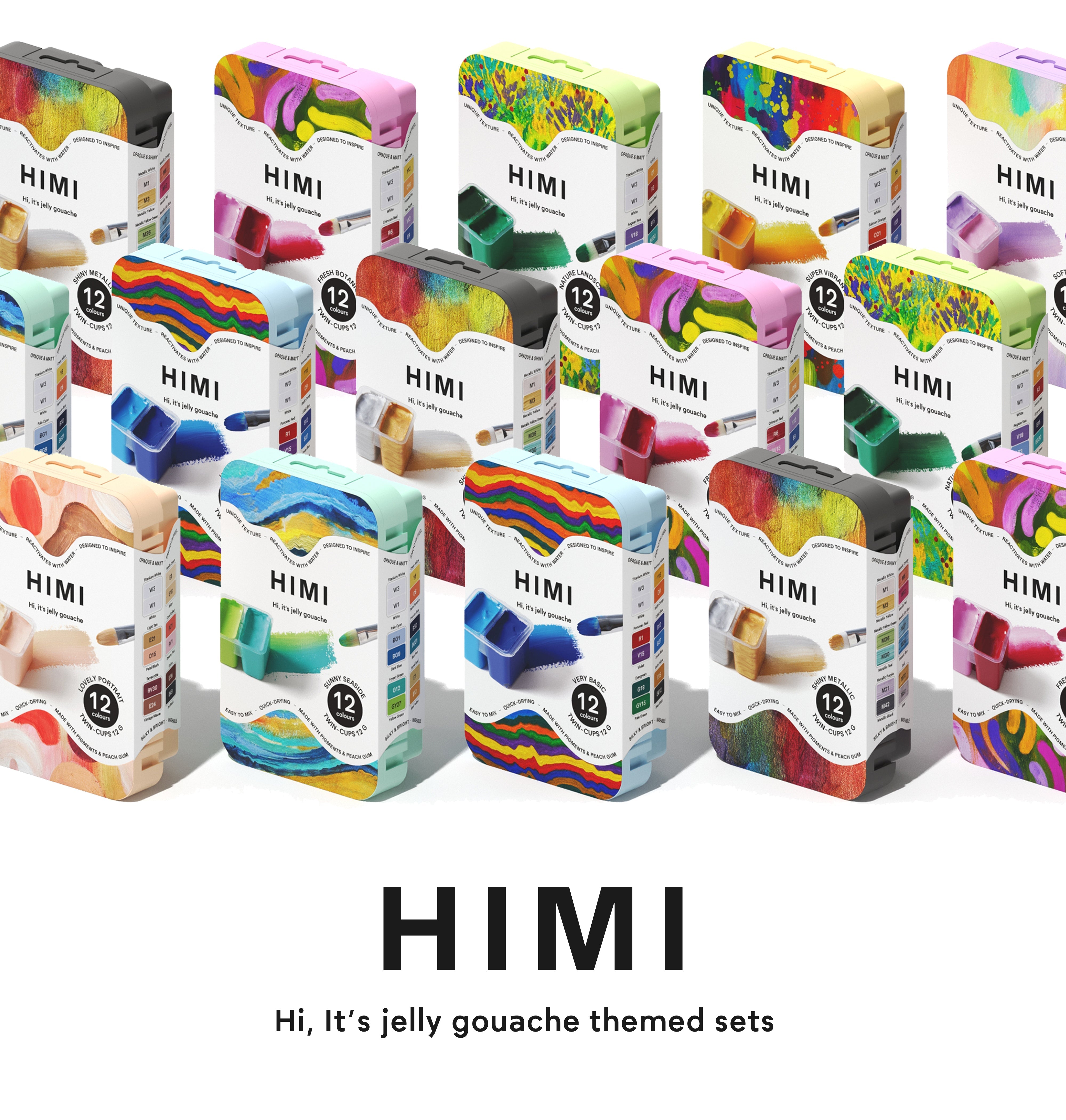 HIMI Twin Cup Gouache Set - 12 Nature Landscape Colours (Apple Green Case) set contents and packaging detail.