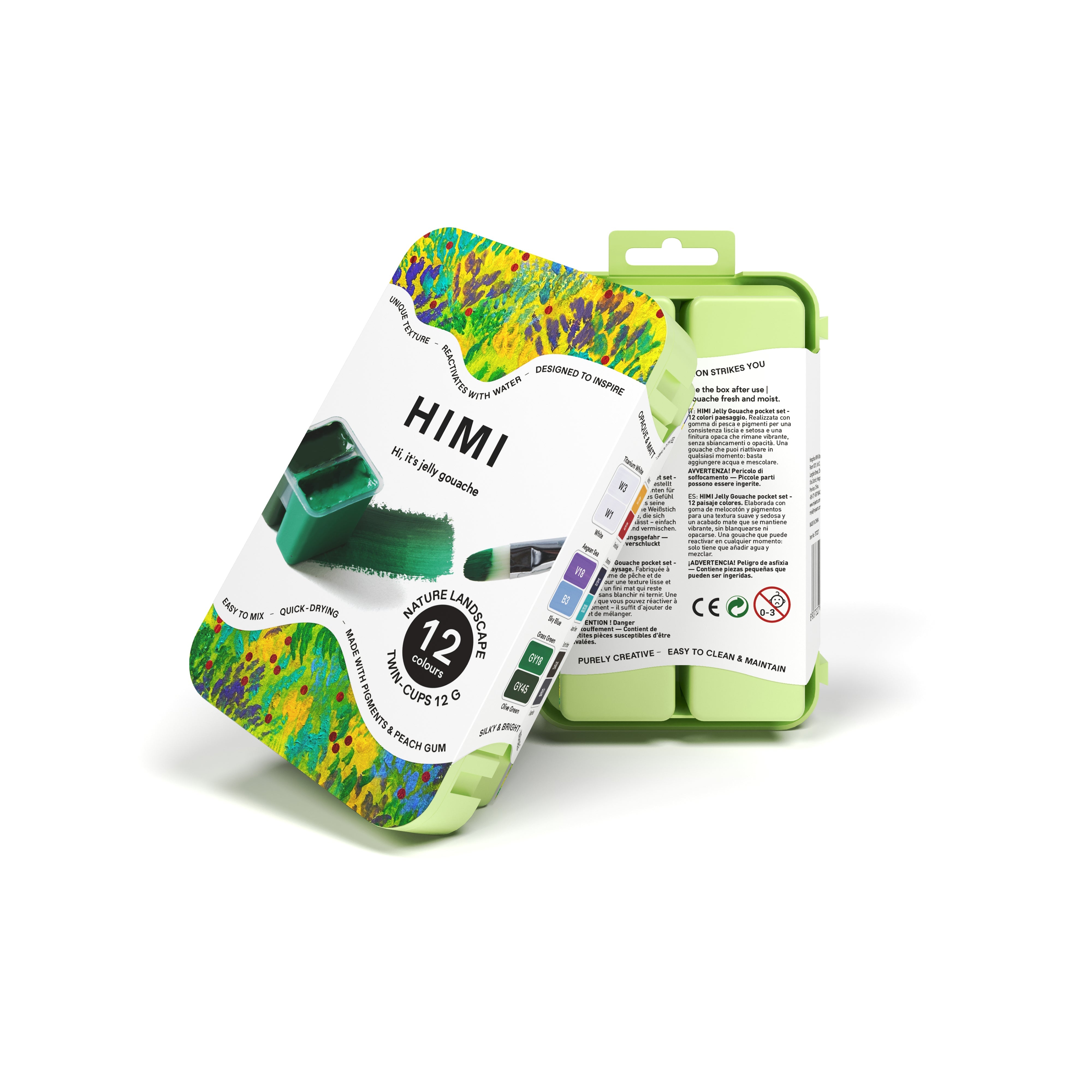 HIMI Twin Cup Gouache Set - 12 Nature Landscape Colours (Apple Green Case) closed compact apple green carry case.